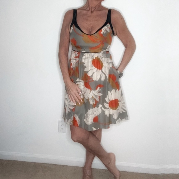 Anthropologie Moulinette Soeurs Silk Dress Empire Waist Grey Orange A-Line Fit 6 - Picture 3 of 16